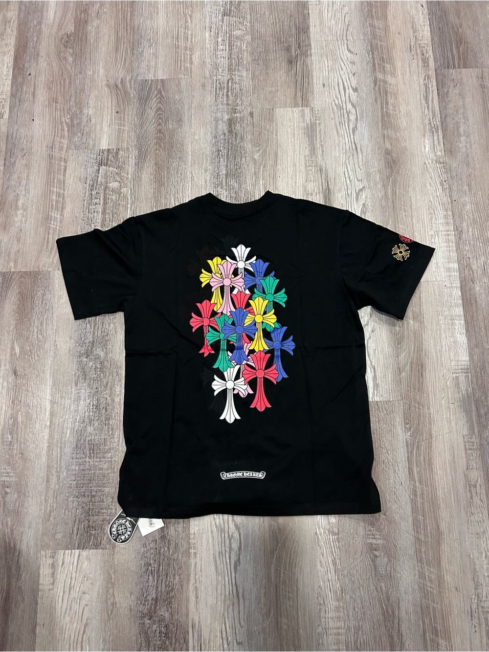 Chrome Hearts Black T-Shirt with Multicolor Cross Flower Graphics